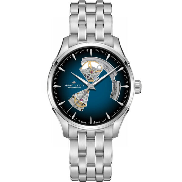 Orologio Jazzmaster Open Heart. Cassa in acciaio da 40mm, quadrante semi scheletrato, vetro zaffiro. Movimento automatico con 80h di riserva di carica. Impermeabile 50 metri.