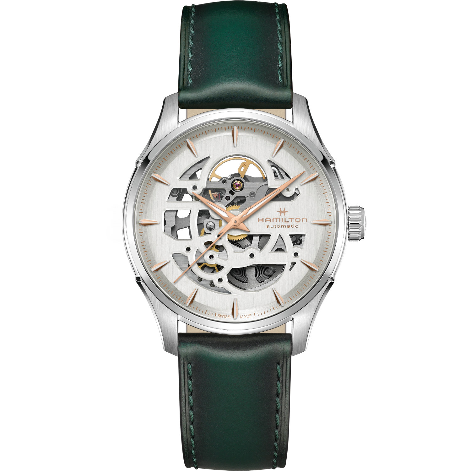 Hamilton-Jazzmaster-Skeleton-Automatico-40mm-H42535810-Fronte Orologio Hamilton Skeleton 40mm. Movimento automatico con 80 ore di riserva di carica, quadrante scheletrato, vetro zaffiro. Impermeabile fino a 50 metri.