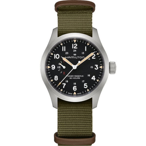 Orologio Hamilton Khaki Field Power Reserve 40mm. Cassa in acciaio, movimento a carica manuale con 80 ore di riserva di carica. Vetro zaffiro.