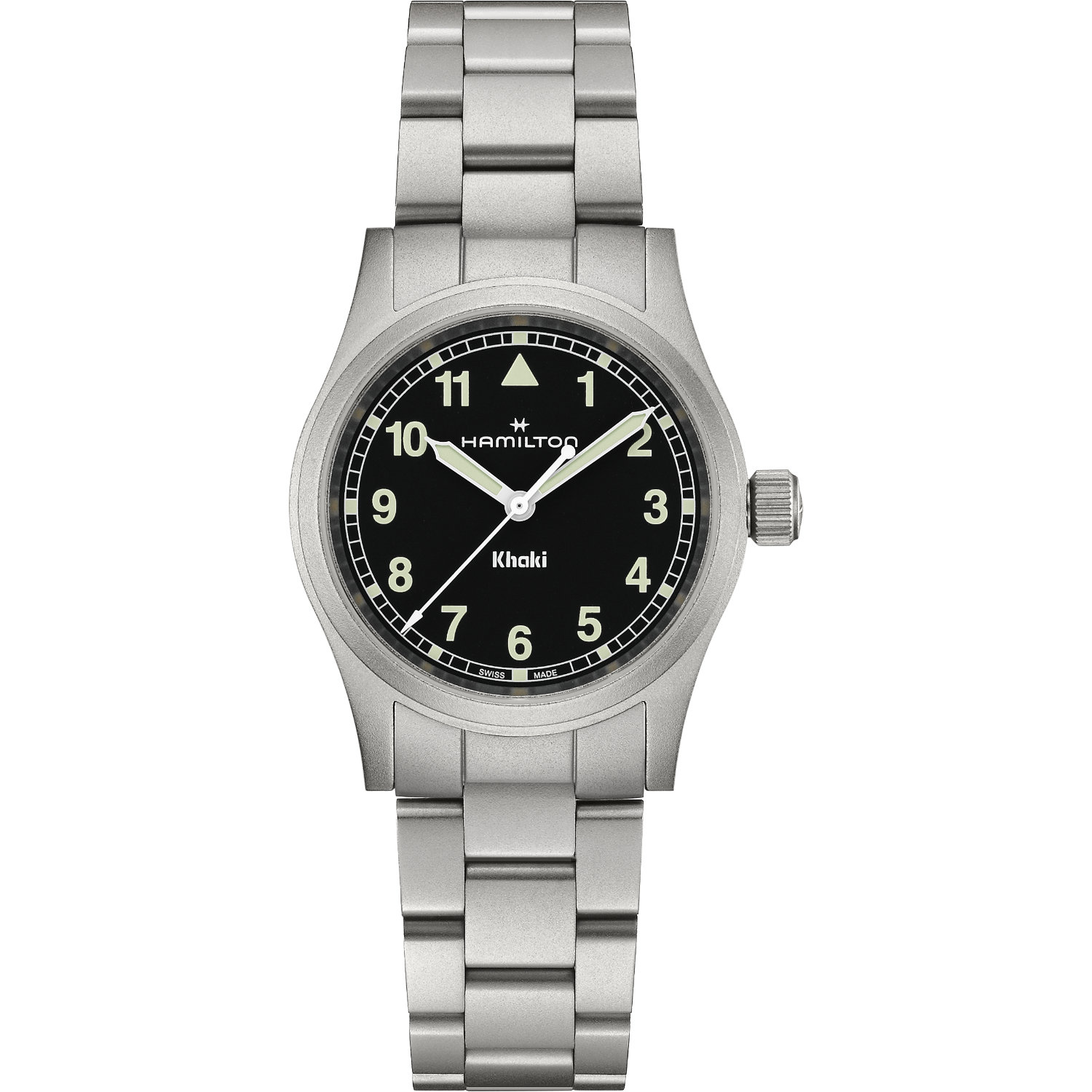 Hamilton-Khaki-Field-Quarzo-33mm-H69301130-Fronte Orologio Hamilton Khaki Field Quarzo. Cassa in acciaio da 33mm, movimento al quarzo, vetro zaffiro. Impermeabile 50 metri.