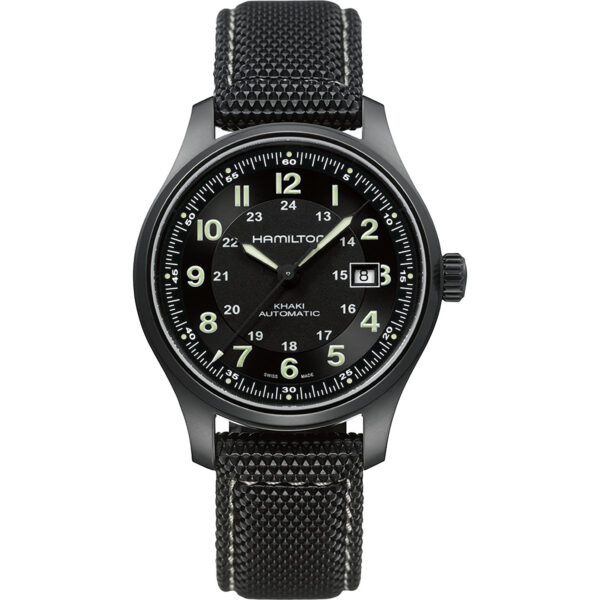 Orologio Hamilton Khaki Field Titanio 42mm. Cassa in titanio, vetro zaffiro, movimento automatico con 80h di riserva di carica, impermeabile 100 metri.