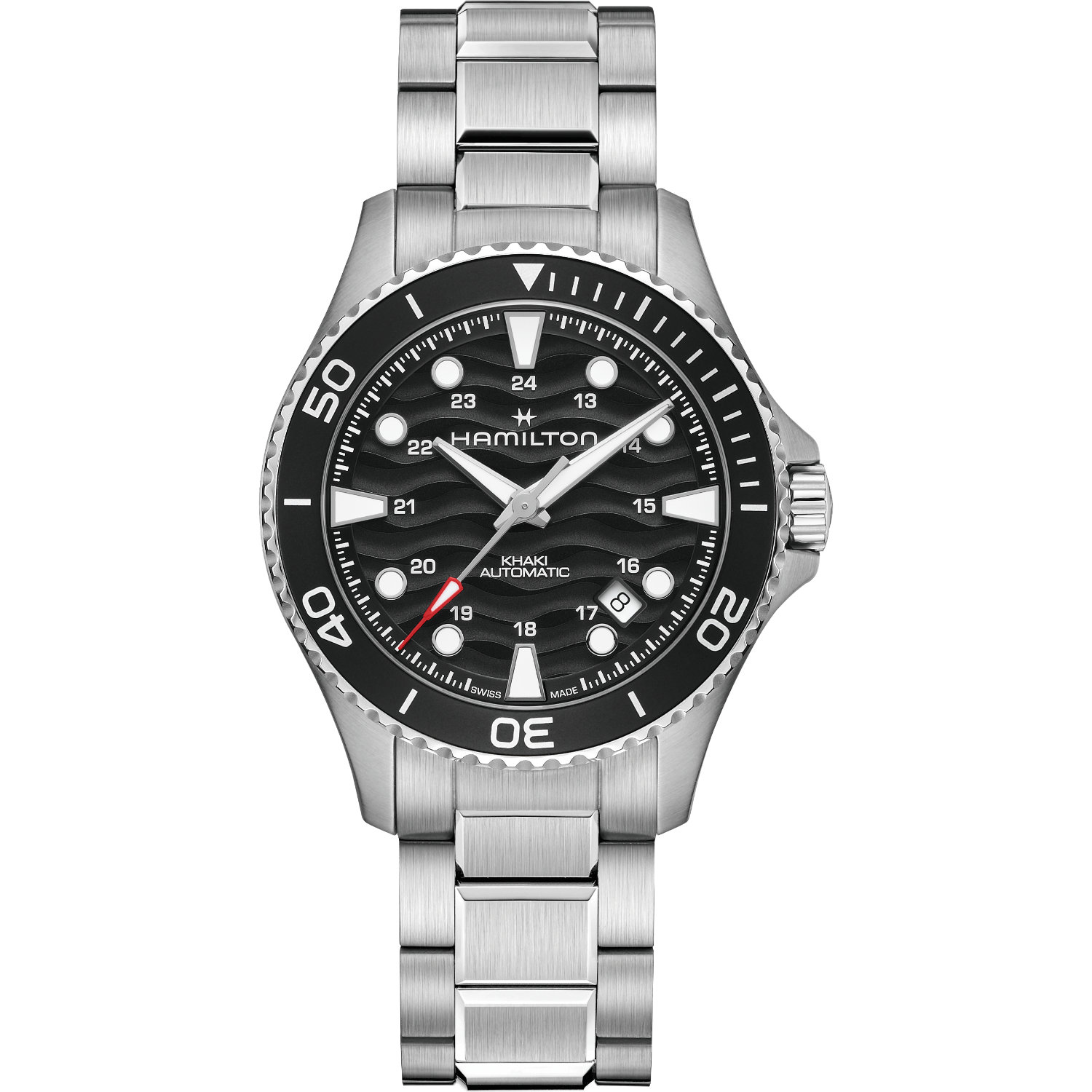 Orologio Hamilton Khaki Navy Scuba. Orologio con cassa in acciaio da 40mm, vetro zaffiro, movimento automatico con 80h di riserva di carica. Impermeabile 100 metri.