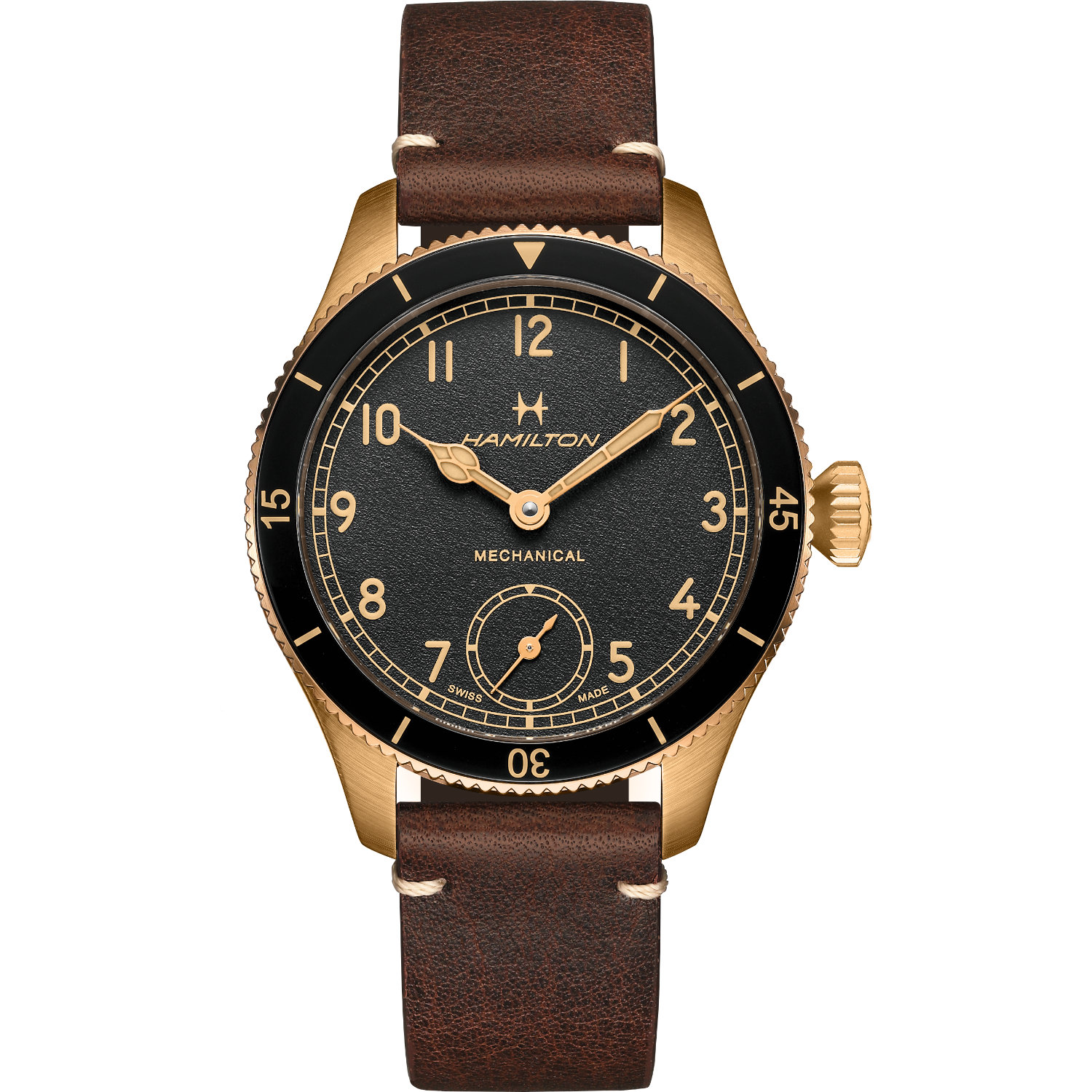 Hamilton-Khaki-Pilot-Pioneer-Small-Second-Mechanical-43mm-H76709530-Fronte Orologio Hamilton Khaki Pilot Pioneer Small Second Mechanical. Cassa in bronzo, movimento a carica manuale, fondello a vista, vetro zaffiro. Cinturino in pelle.