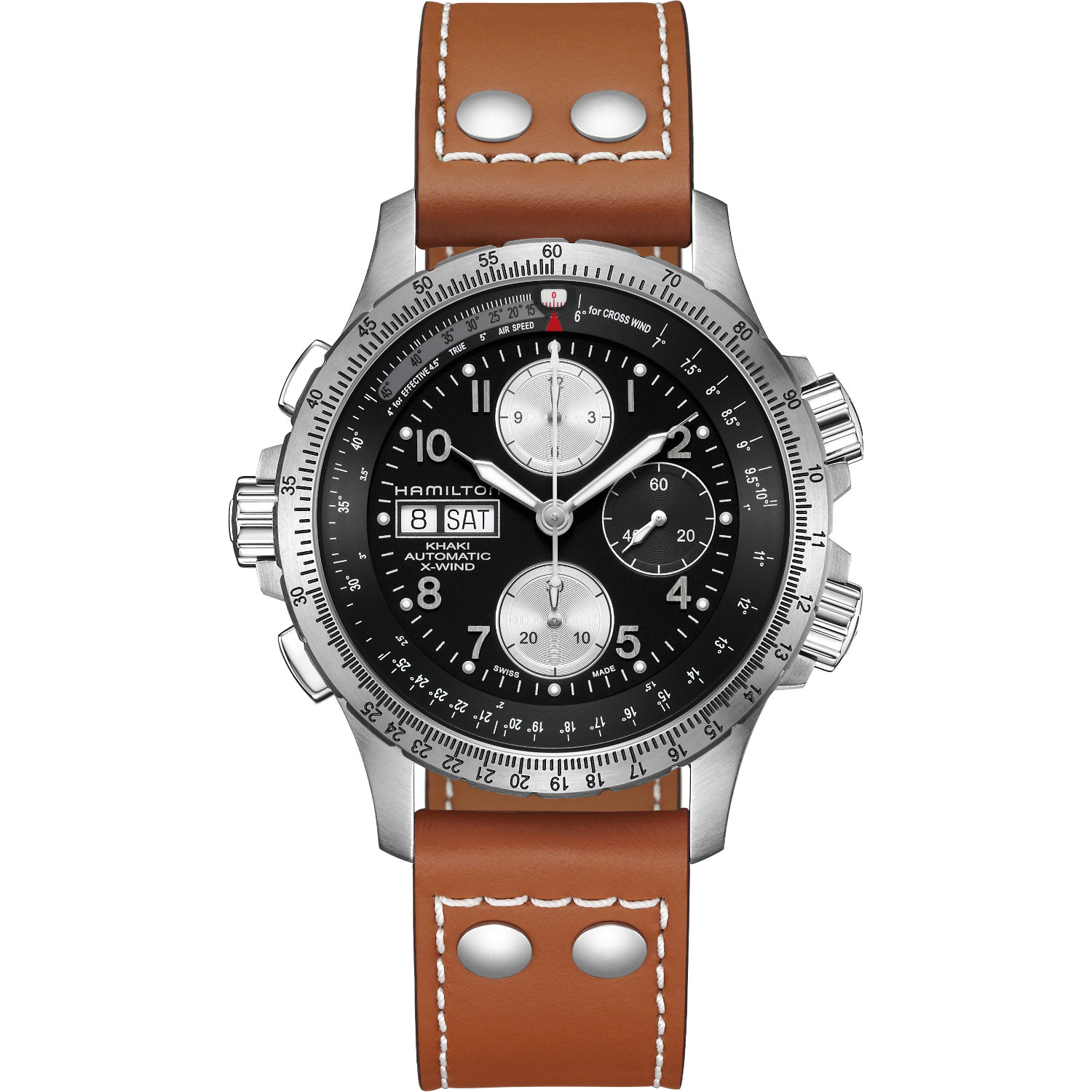 Hamilton-Khaki-X-Wind-Chrono-Automatico-44mm-H77616533-Fronte Orologio Hamilton Khaki X-Wind. Movimento automatico con funzione cronografo e riserva di carica 60 ore. Vetro zaffiro, cinturino pelle e impermeabilità fino a 100 metri