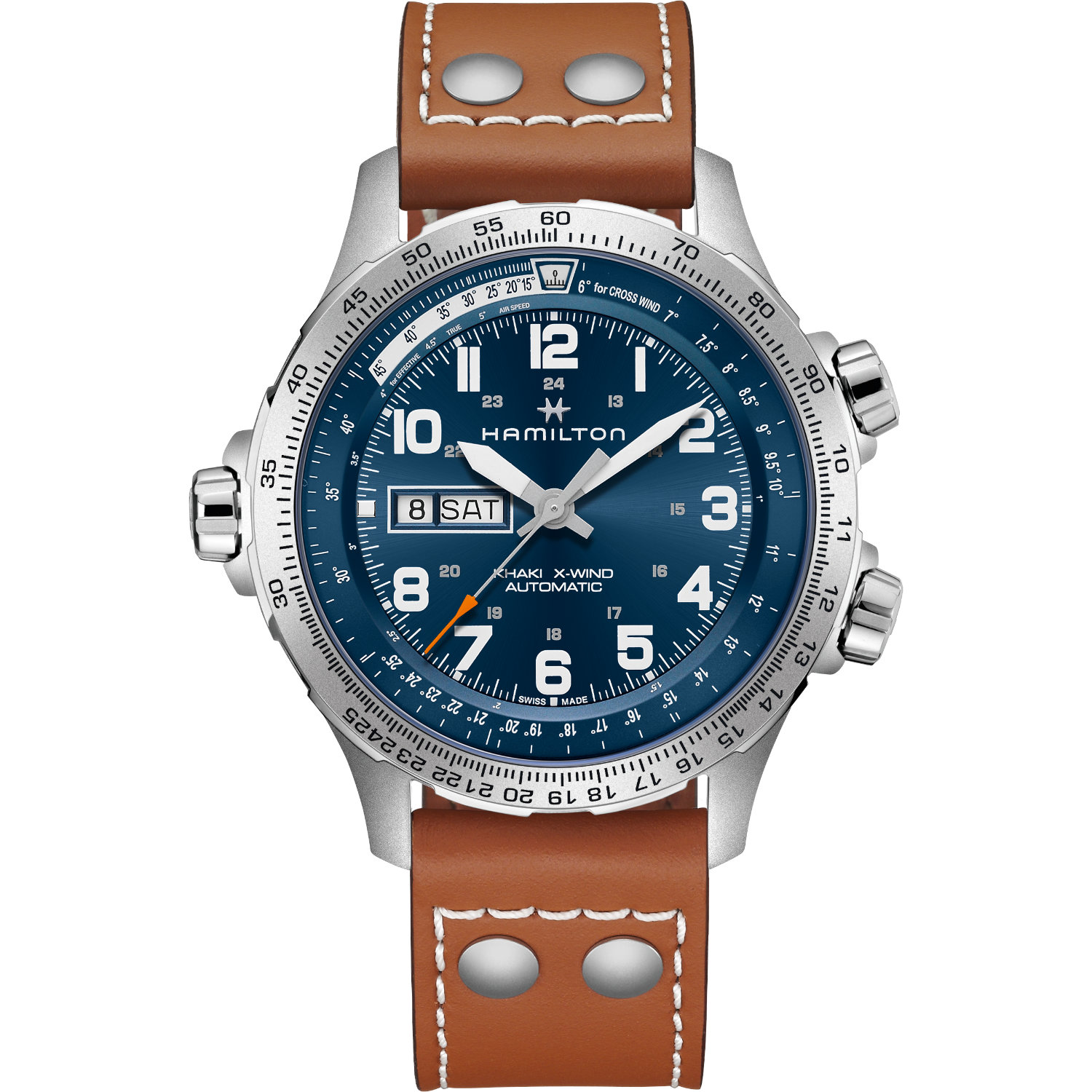 Hamilton-Khaki-X-Wind-Day-Date-Automatico-45mm-H77765541-Fronte Orologio Hamilton Khaki X-Wind Day Date. Movimento automatico con funzione solo tempo e riserva di carica di 80 ore. Vetro zaffiro, fondello a vista e impermeabilità fino a 100 metri.