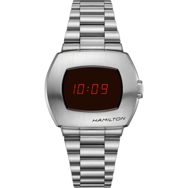 Orologio Hamilton PSR. Cassa in acciaio da 41mm, quadrante digitale e movimento al quarzo. Vetro zaffiro e impermeabilità fino a 100 metri.
