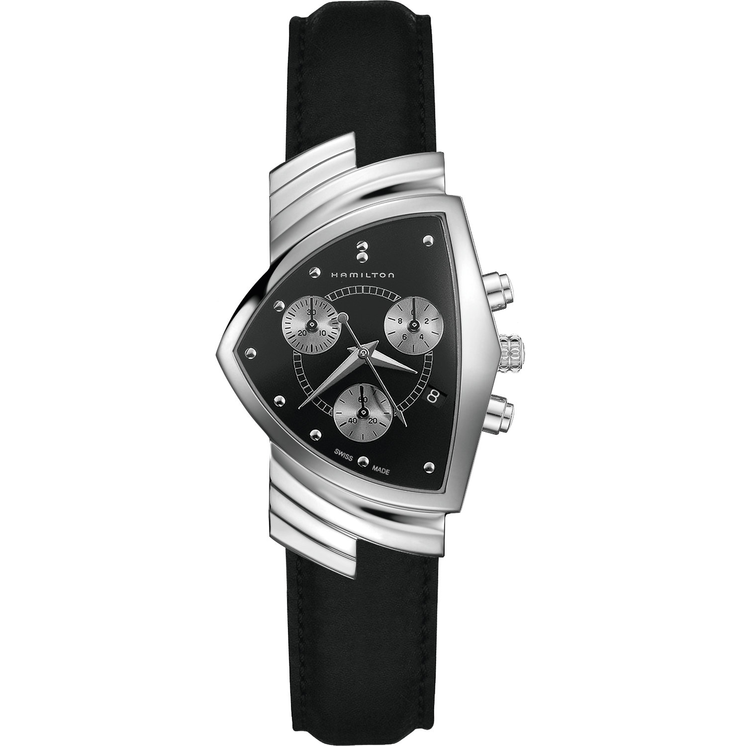 Orologio Hamilton Ventura Chrono Quarzo. Orologio con cassa in acciaio da 32. mm, movimento al quarzo con funzione cronografo. Cinturino pelle e vetro zaffiro. Celebre per essere presente nei film Men in Black II e III.