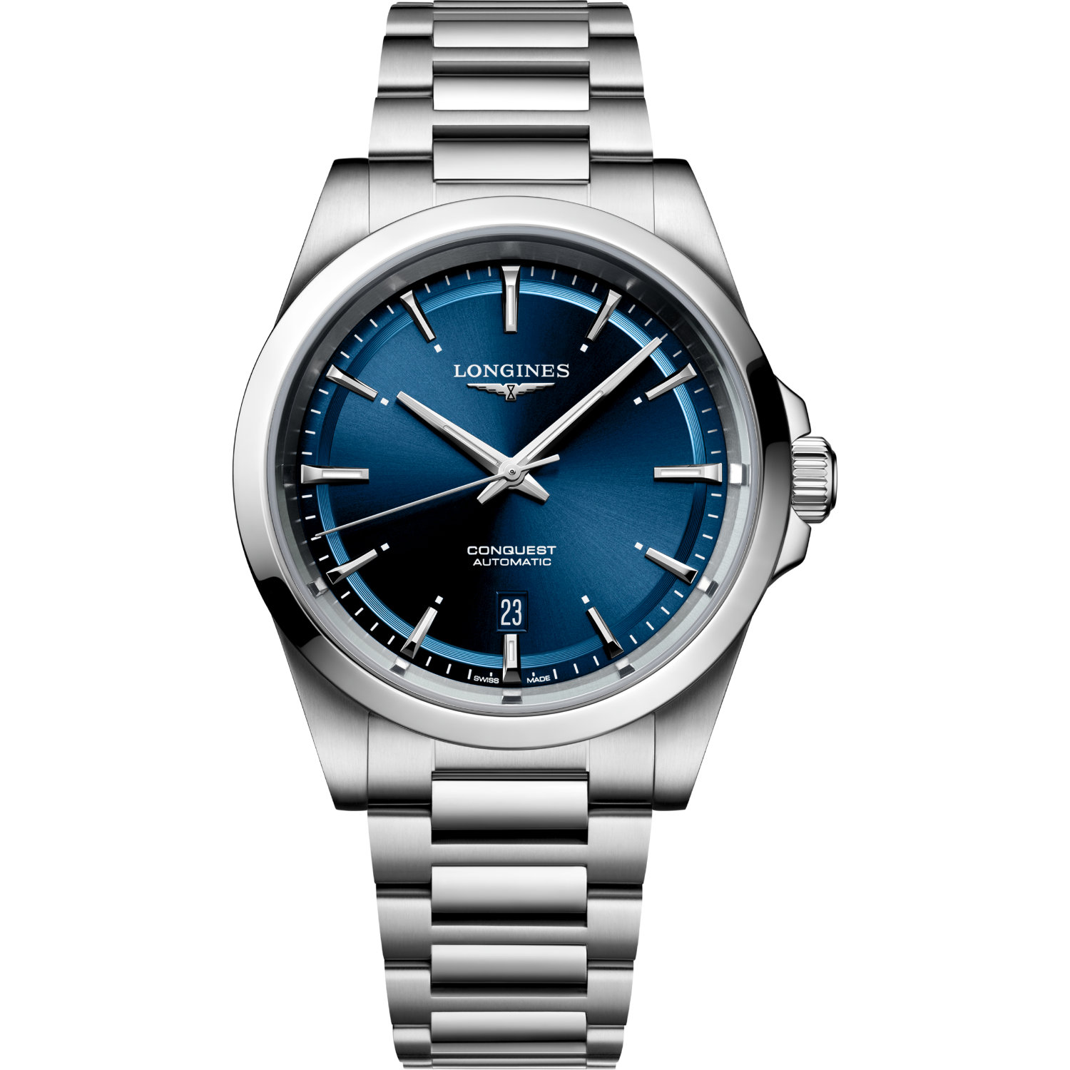 Orologio Longines Conquest con cassa acciaio da 41mm, fondello a vista, movimento automatico con 72 ore di riserva di carica e impermeabile 100 metri.