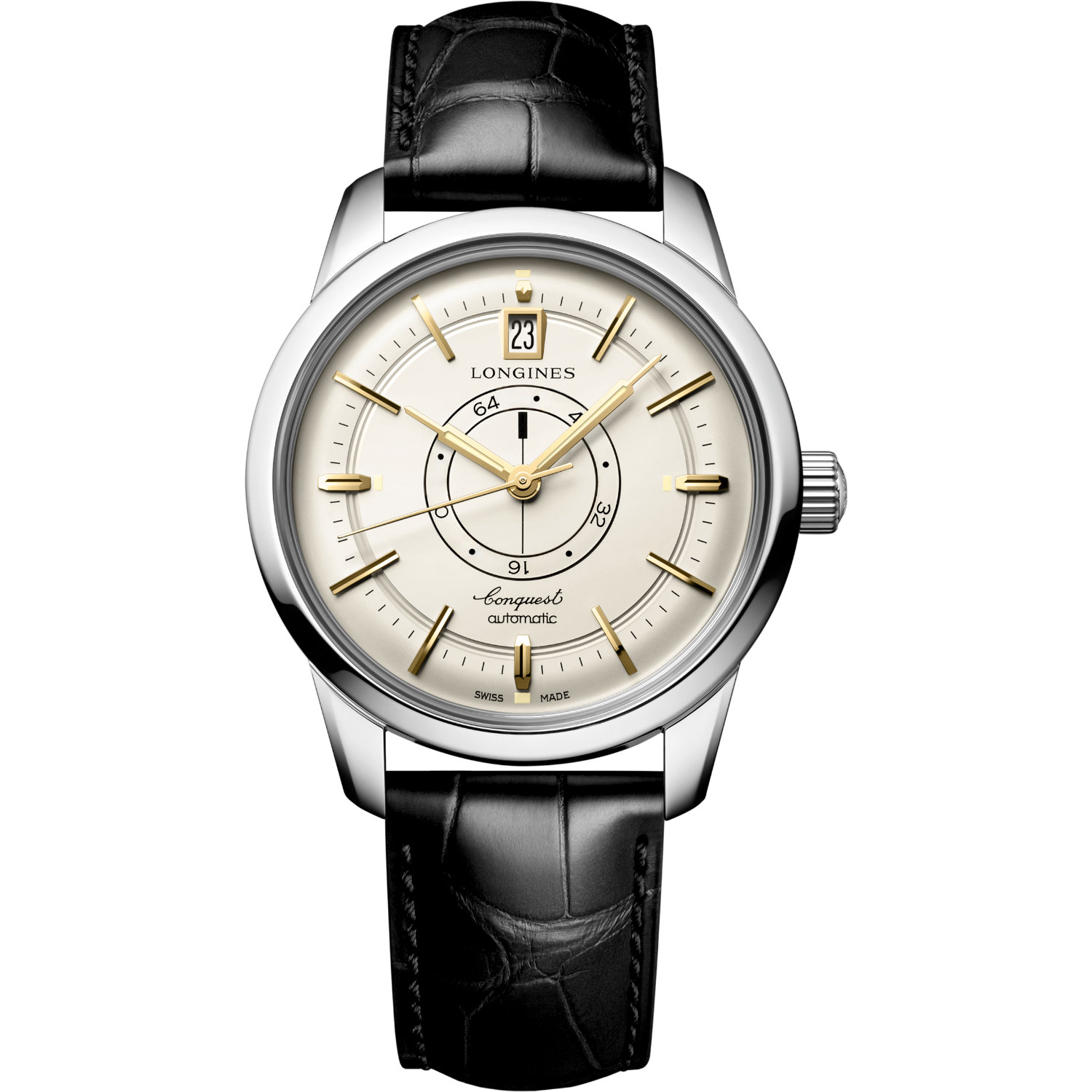 Longines-Conquest-Heritage-Central-Power-Reserve-Automatico-38mm-L16484782-Fronte Orologio Longines Conquest Heritage Central Power Reserve. Movimento automatico, riserva di carica 72 ore, cassa acciaio, cinturino in pelle alligatore, vetro zaffiro, impermeabile 50 metri.