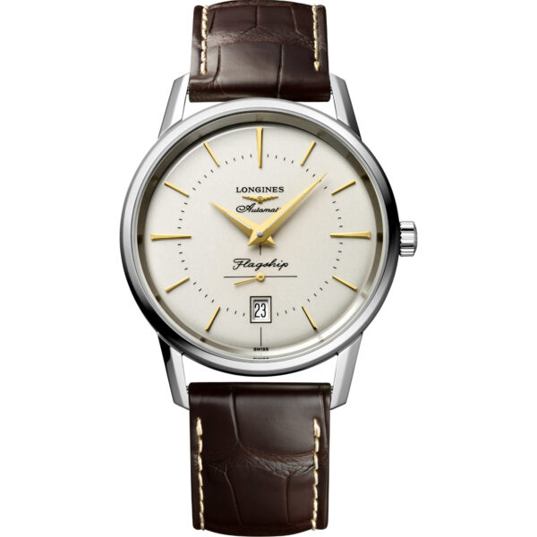 Orologio Longines Flagship Heritage 38.5mm. Cassa in acciaio, movimento automatico, vetro zaffiro, cinturino in pelle alligatore. Impermeabile 30 metri.