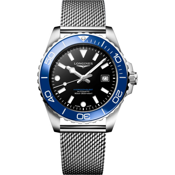 Orologio Longines Hydroconquest. Movimento automatico, cassa in acciaio da 43mm, lunetta ceramica, impermeabile 300 metri.