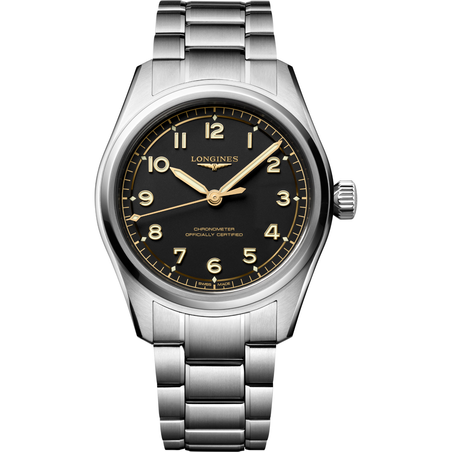 Orologio Longines Spirit Pilot. Cassa in acciaio da 39mm, movimento automatico con 72 ore di riserva di carica. Vetro zaffiro e impermeabilità fino a 100 metri.