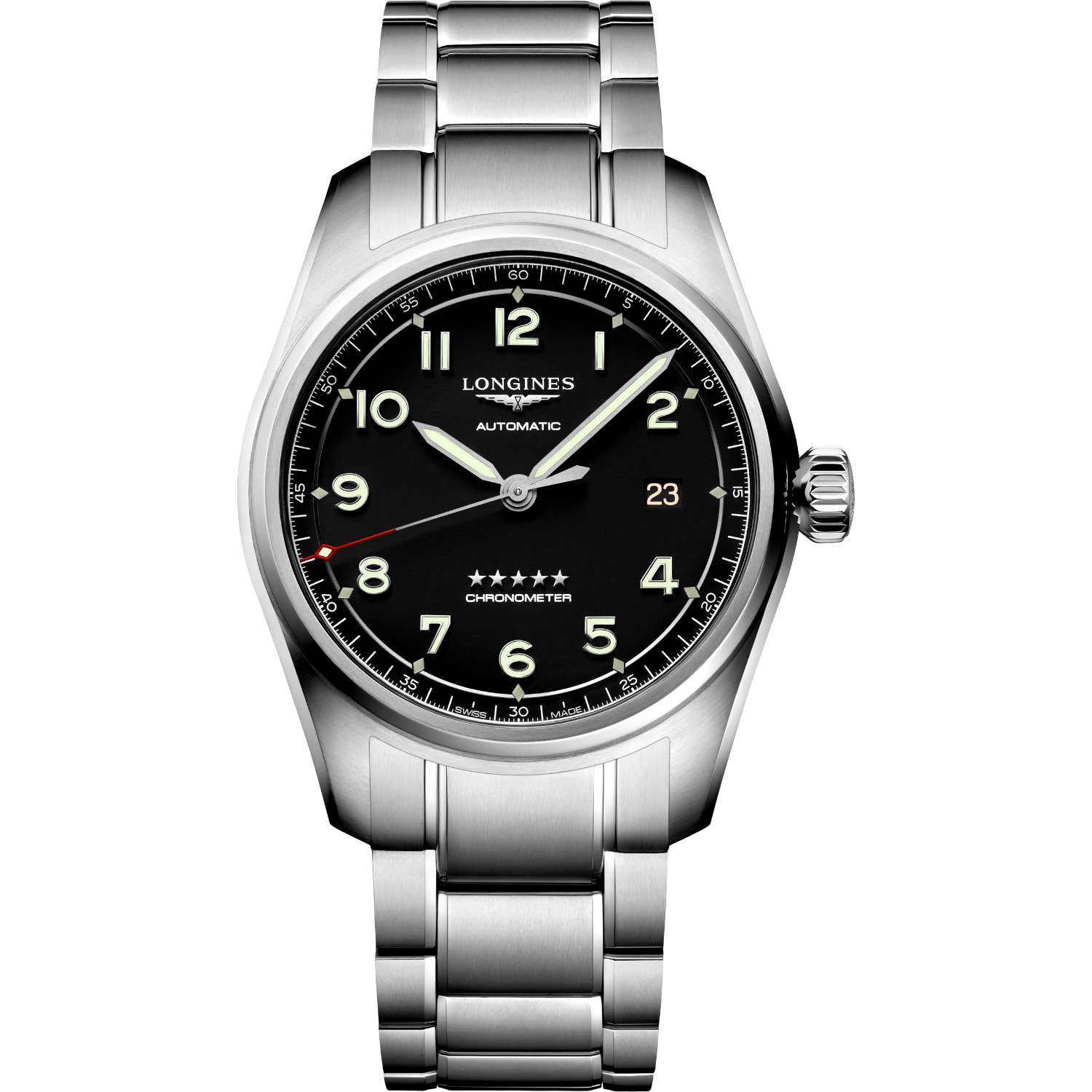 Longines-Spirit-Automatico-40mm-L38104536-Fronte Orologio Longines Spirit 40mm. Cassa in acciaio, movimento automatico con riserva di carica di 72 ore, bracciale acciaio, vetro zaffiro. Impermeabile 100 metri.