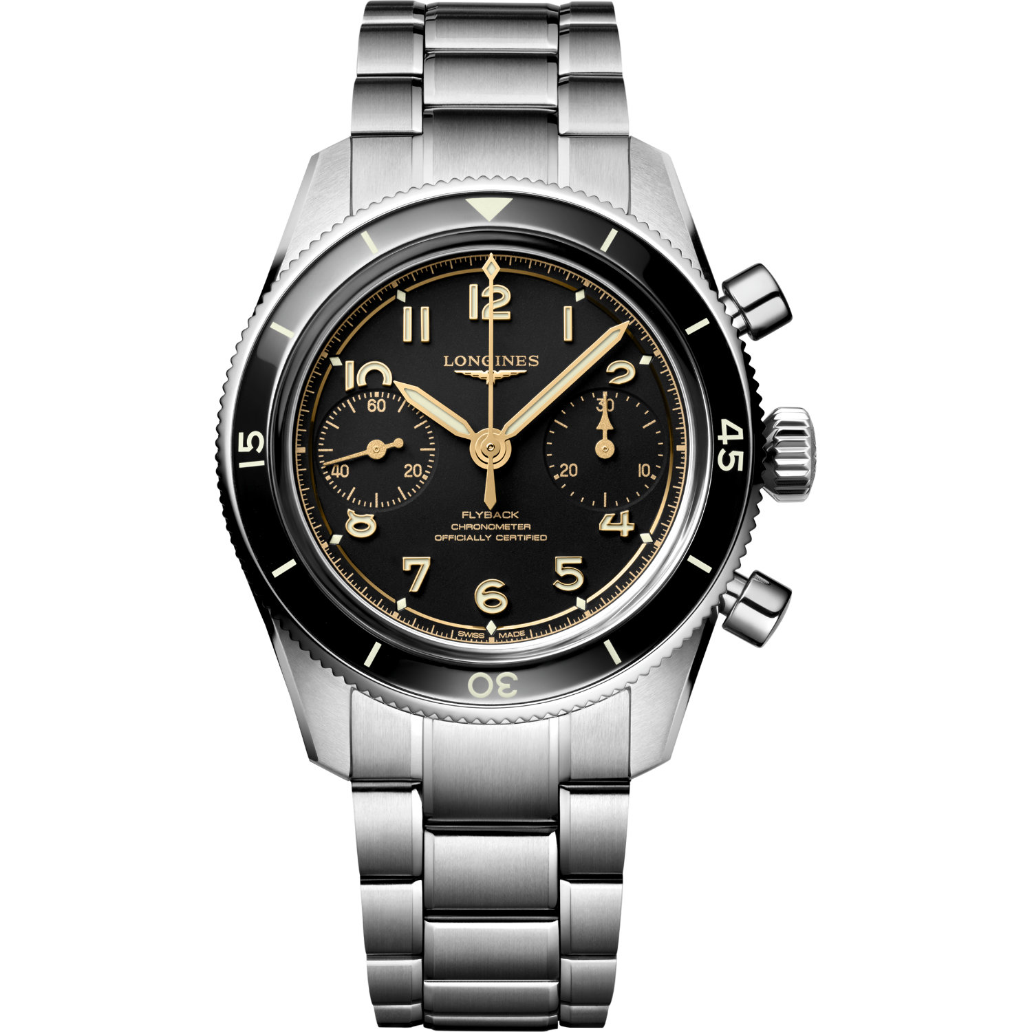 Longines-Spirit-Pilot-Flyback-Manuale-39-5mm-L37214536-Fronte Orologio Longines Spirit Pilot Flyback. Cassa in acciaio di 38.5mm, vetro zaffiro, fondello a vista, movimento cronografo con funzione flyback. Impermeabile 100 metri.