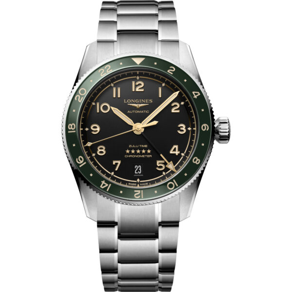 Orologio Longines Spirit Zulu Time 39mm. Cassa acciaio, movimento automatico, funzionalità GMT, riserva di carica 72 ore, lunetta ceramica, vetro zaffiro e impermeabile 100 metri.