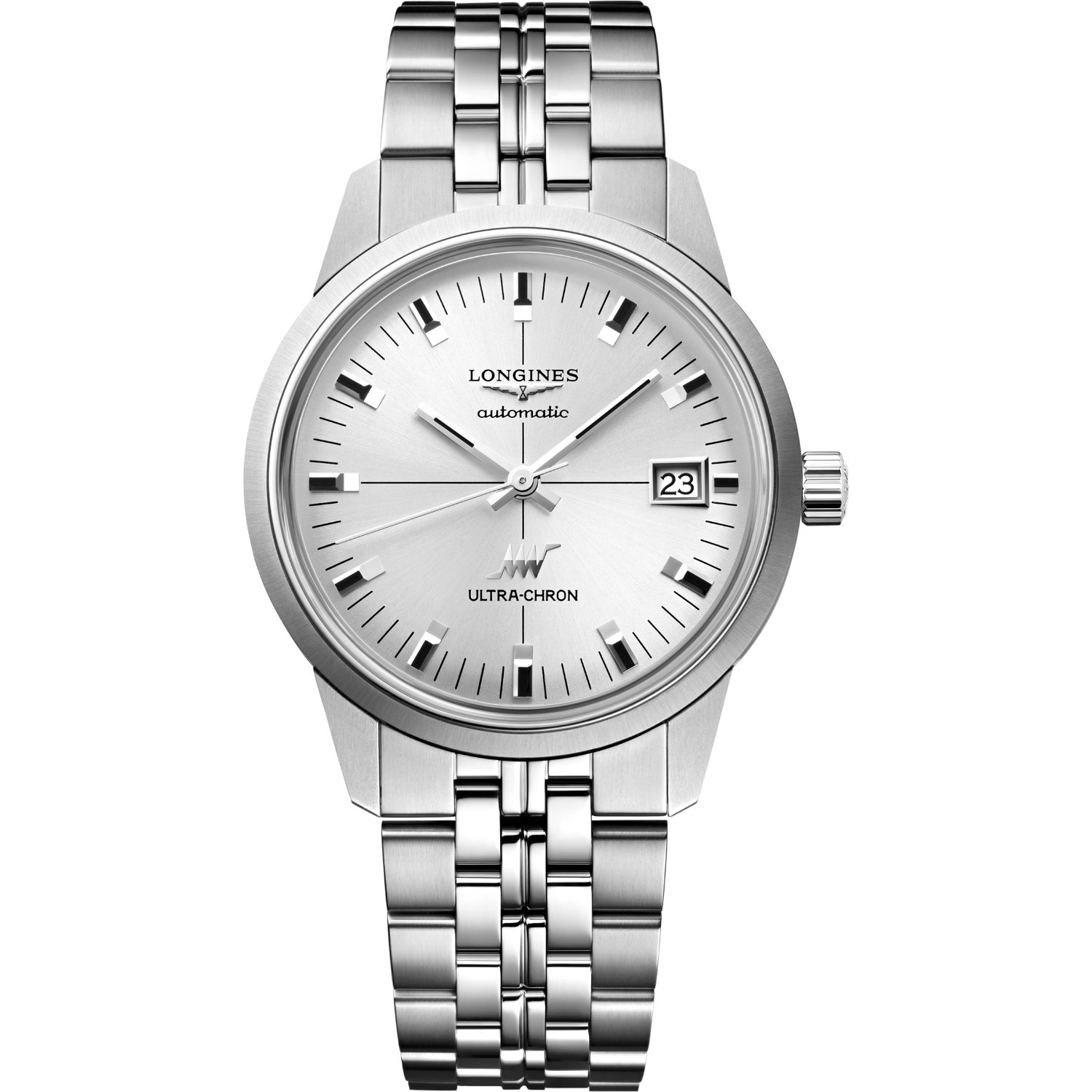 Longines-Ultra-Chron-Automatico-38mm-L25374726-Fronte Orologio Longines Ultra-Chron. Cassa in acciaio da 37mm, movimento automatico, vetro zaffiro, impermeabile 50 metri.