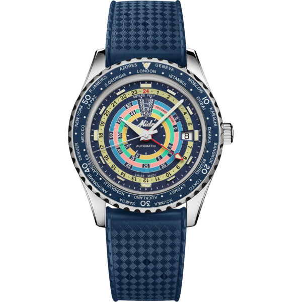 Orologio Mido Ocean Star Decompression Worldtimer. Cassa acciaio di dimensione 40.5mm, movimento automatico, funzione GMT, vetro zaffiro, con cinturino caucciù e bracciale acciaio