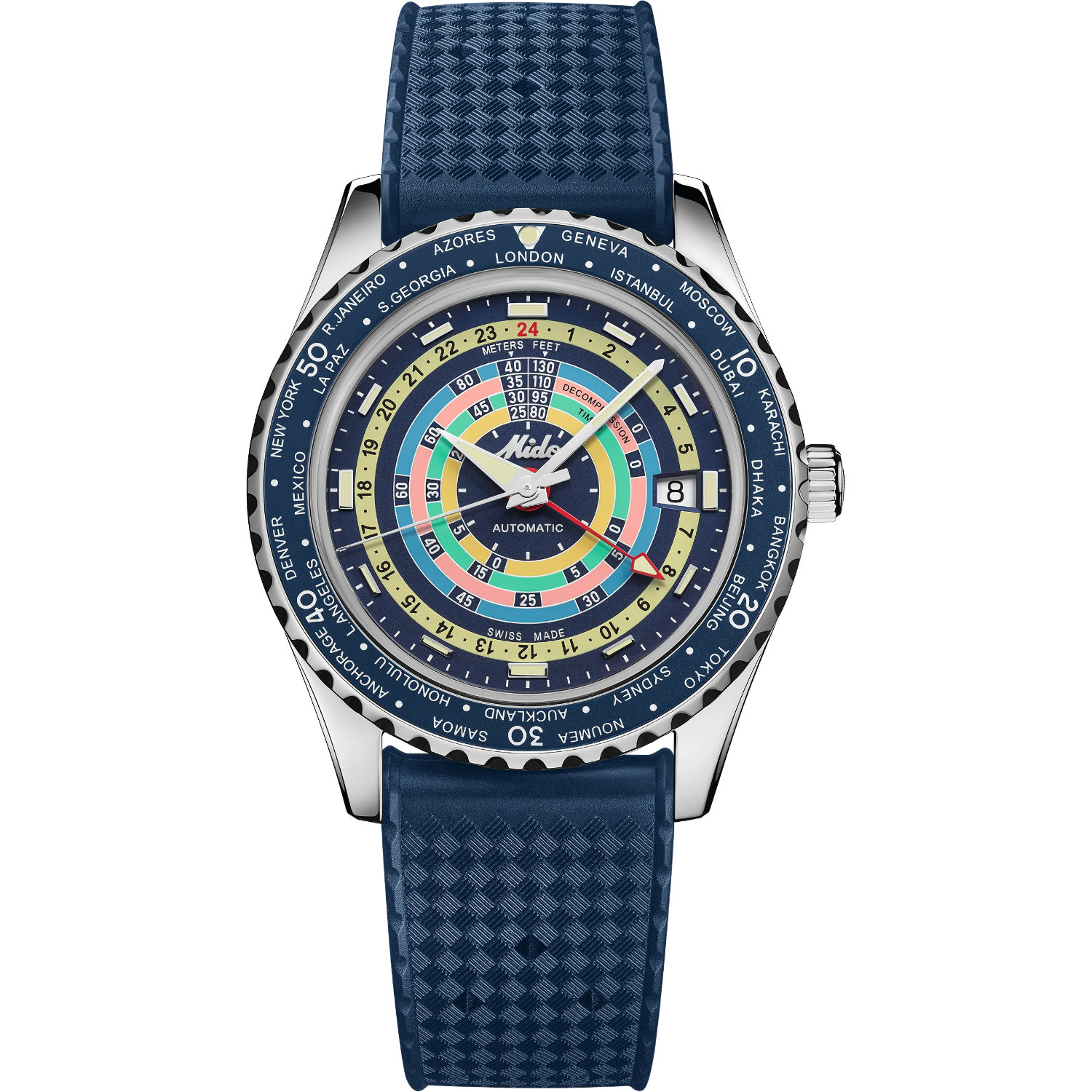 Orologio Mido Ocean Star Decompression Worldtimer. Cassa acciaio di dimensione 40.5mm, movimento automatico, funzione GMT, vetro zaffiro, con cinturino caucciù e bracciale acciaio
