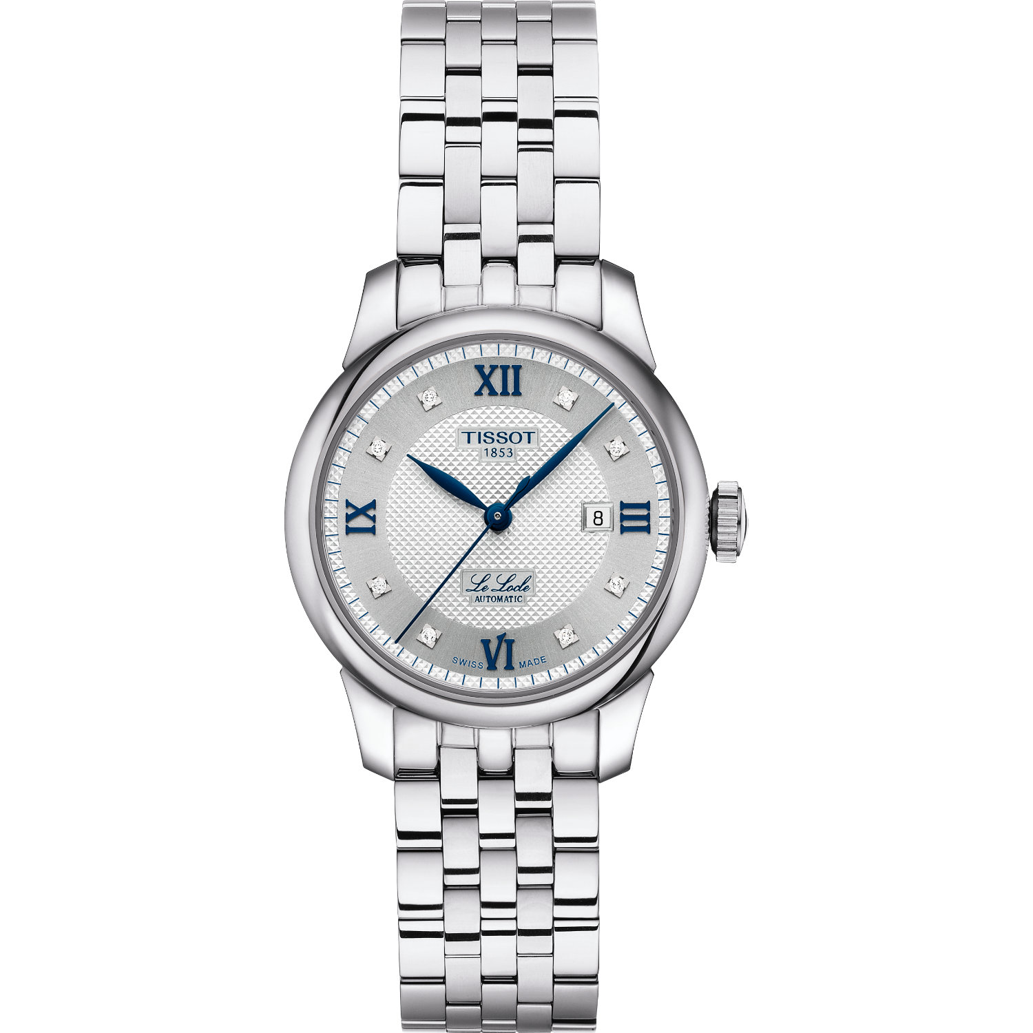 Tissot-Le-Locle-Automatico-29mm-T0062071103601-Fronte Orologio Tissot Le Locle 29mm. Orologio da donna con cassa in acciaio da 29mm, movimento automatico, vetro zaffiro e fondello a vista.
