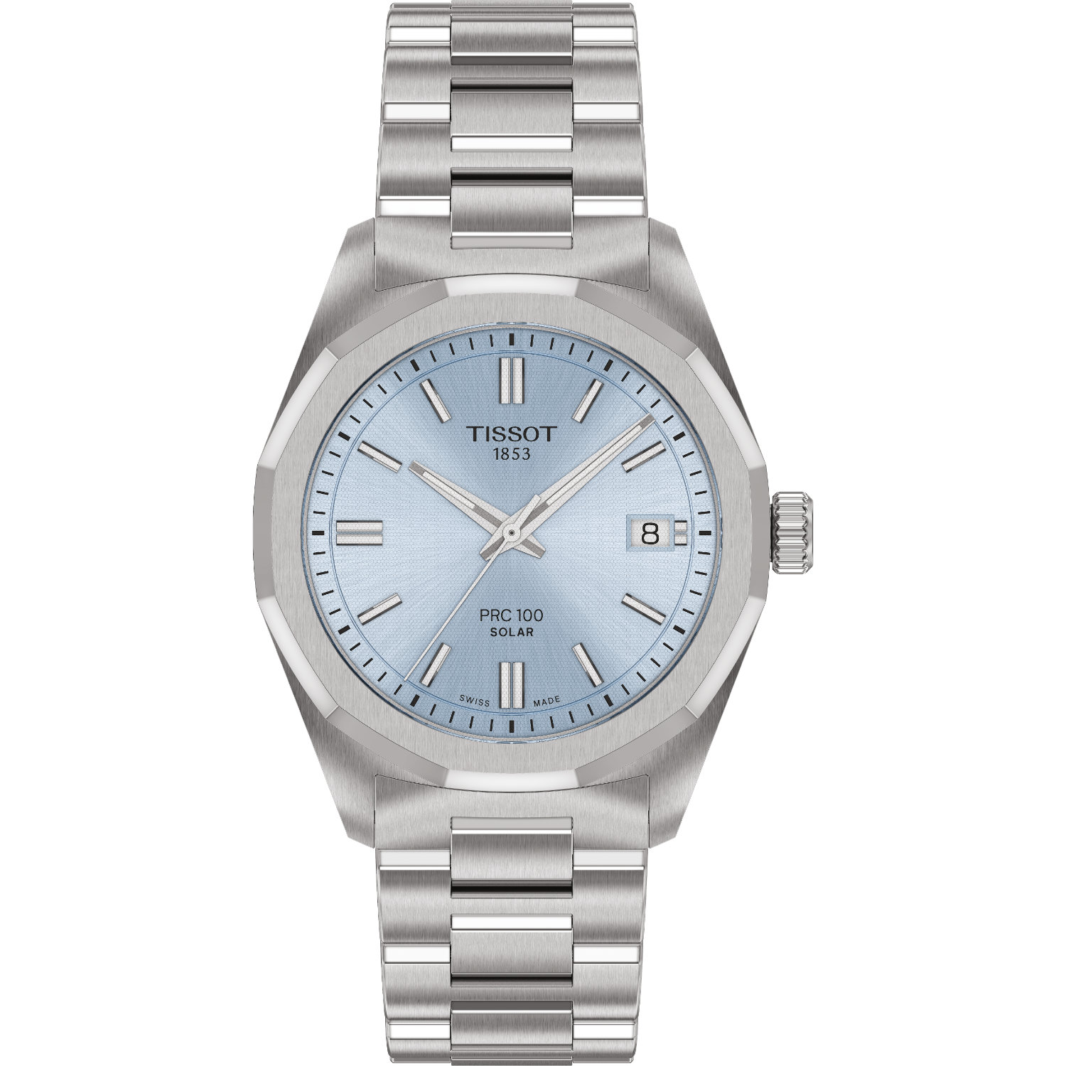 Tissot-PRC100-Solar-Quarzo-34mm-T1518221135100-Fronte Orologio Tissot PRC 100 Solar 34mm, cassa e bracciale in acciaio, movimento a carica solare