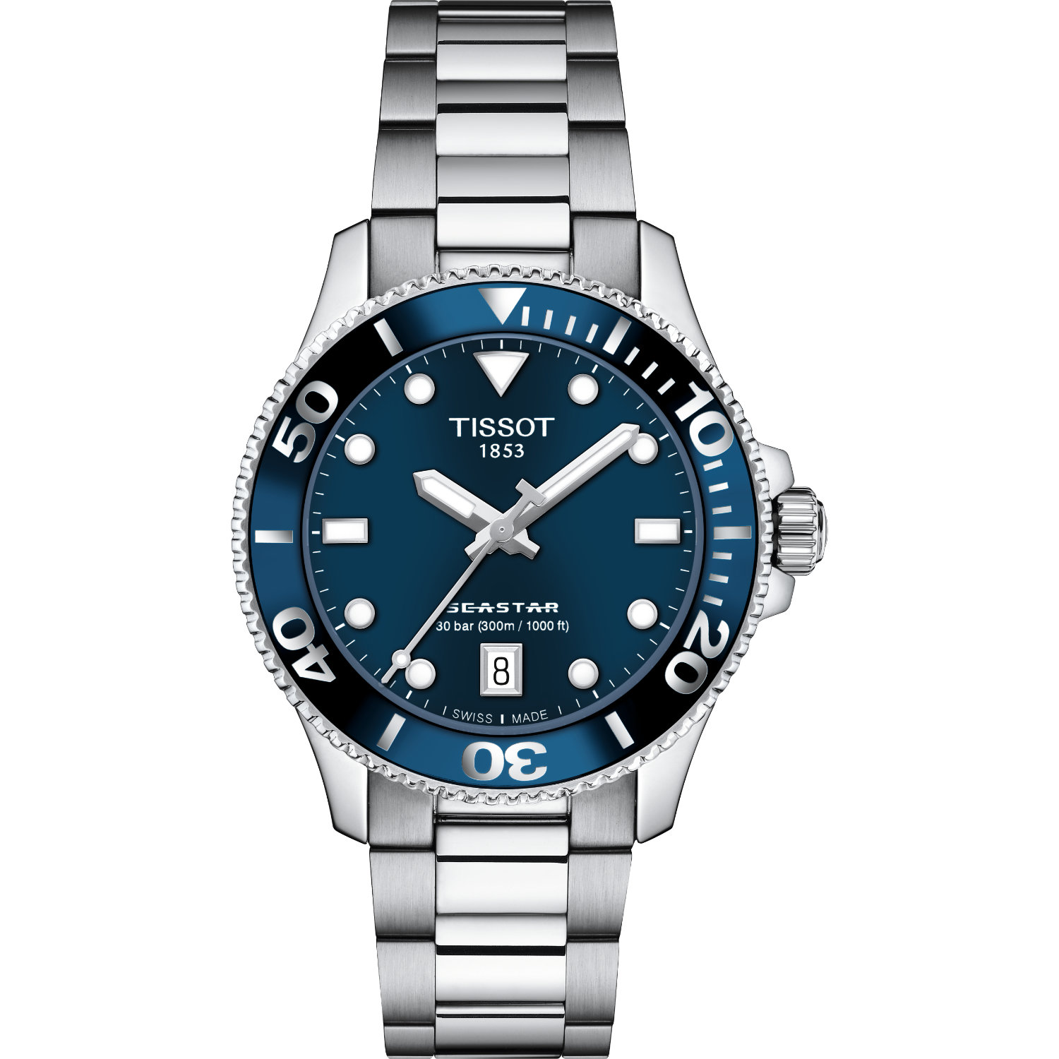 Tissot-Seastar-1000-Quarzo-36mm-T1202101104100-Fronte Orologio Tissot Seastar 1000 Quarzo 36mm, cassa acciaio, movimento al quarzo, impermeabilità 300 metri